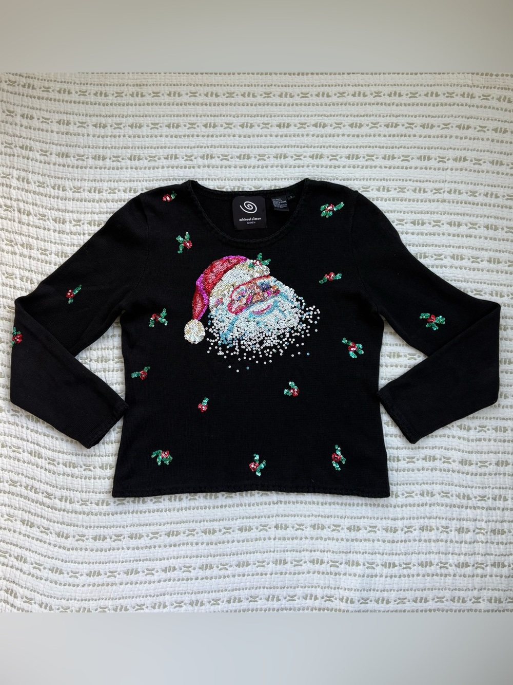 Michael Simon Black Crewneck Knit Sequin Santa Sweater, Size S
